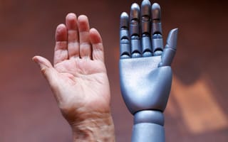 A close-up image featuring a human hand and a robot hand side by side.