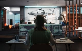 A software developer with large headphones sitting in front of two monitors in a modern office.