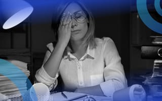 A tired, stressed manager working late into the night with several coffees and stacks of documents on her desk.