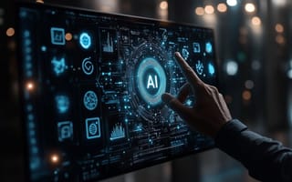 A close up of a hand hovering in front of a computer monitor featuring a digital illustration with AI in the center.