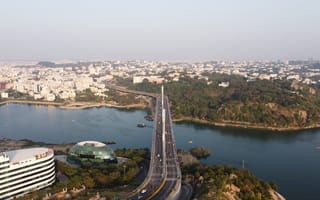 An aerial view of Hyderabad featuring the Durgam Cheruvu Cable Bridge.