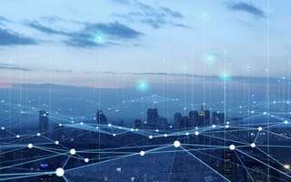cityscape with digital cloud graphics