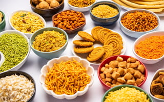 An array of Indian snack foods are pictured.