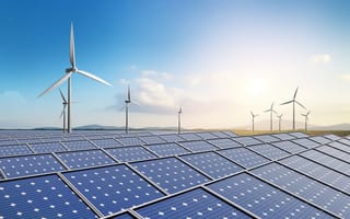 Rows of solar panels appear in the foreground of the illustration with wind turbines standing in the background.