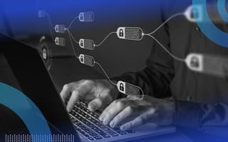 Blockchain ledger overlay with person typing