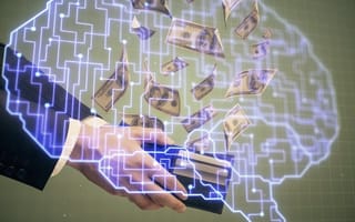 Hands opening a wallet. Lights in the shape of a brain are in the foreground.