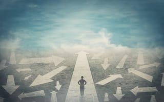 A person stands at the base of a straight arrow amid other arrows pointing in other directions.