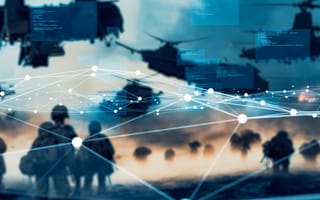 A digital illustration of a connected network of data points overlays silhouettes of helicopters and soldiers.