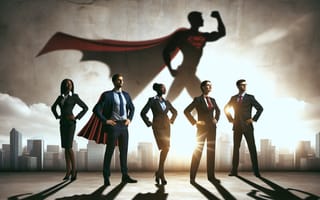 Photos of five men and women in business suits standing with arms on hips against a city skyline, a shadow behind them revealing a superhero flexing his muscles and wearing a cape blowing in the wind.
