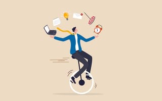 A unicyclist juggles a clock, calendar and other time management tools.