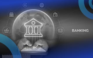 Someone on a smartphone with a holographic image of a bank over it.