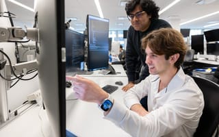 Two early-career technologists at Citadel look at a computer monitor together, one pointing and talking.
