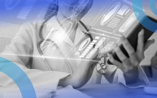 A smiling woman doctor interacting with a tablet with holographic images overlayed representing data.