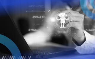 AI engineer working on a chatbot with overlay of chatbot icon