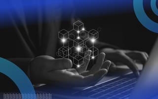 Blockchain developer holding blockchain cube concept in hand