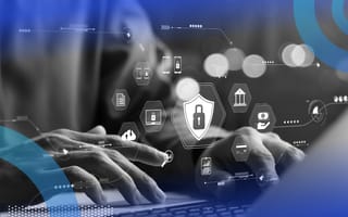 Developer working on laptop with cybersecurity icons overlaid