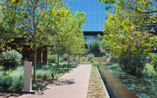 A view of an outdoor walkway at NBCUniversal's sustainable corporate campus in California