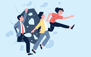Illustration of people dressed in business attire breaking through a wall while running toward something, symbolizing the idea of breaking into a new role
