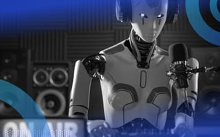 A robot sits at a microphone behind a sign that says On Air