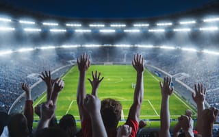 Fans in a sports arena raise their arms.