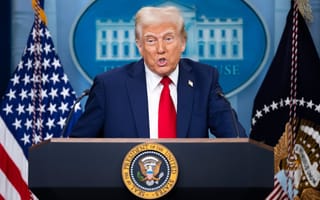 President Donald Trump at a lectern with the White House emblem behind him.