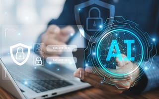 A digital illustration featuring the letters AI, shields and padlocks overlays a laptop to represent a cybersecurity platform.