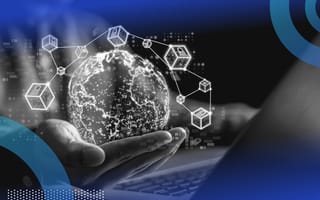 Person holding globe in hand connected with blockchain illustration