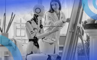 Robot painting with instructor pointing to easel