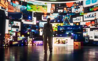 woman's silhouette looking up at a big screen full of content