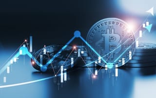 A line graph overlays coins with featuring the Bitcoin symbol to represent a crypto trading platform.