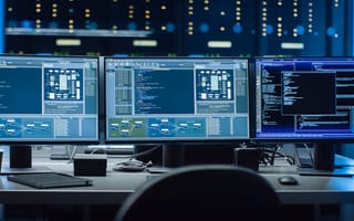 Lines of code are displayed across three desktop computer monitors.