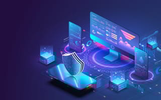 A digital illustration featuring a shield, desktop computer monitor and mobile devices to depict insurtech is shown.
