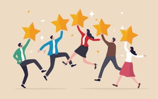 Illustration of professionals holding giant stars in one hand while leaping into the air, symbolizing achieving success with customers