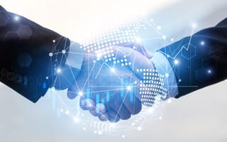 An image showing a handshake and various tech-related icons is shown.