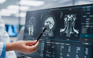 Person's hand pointing to computer screen showing a brain.