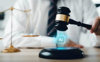 Person holding a gavel above a glowing AI icon.