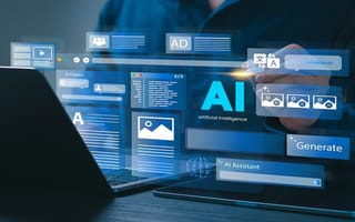 A digital illustration that features the letters AI hovers over a laptop computer to represent an AI platform.