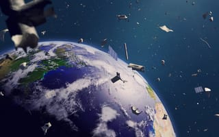 A fictional illustration of space debris floating around the Earth.