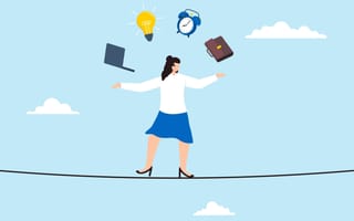 Illustration of a businesswoman walking on a tightrope while juggling symbols representing work tasks and time management, symbolizing work-life balance