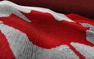 A digitally rendered Canadian flag made of small dots waves gently against a dark, starry background.