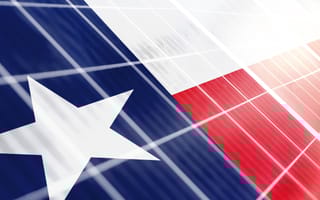 Texas flag overlaid on solar panels, featuring a white star on blue, and red and white stripes.
