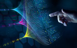 A hand reaches towards colorful lines connecting binary code.