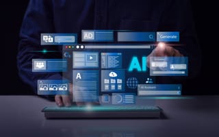 A person interacts with a floating digital interface, featuring AI-related icons and text.