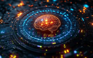 Futuristic digital brain on a circuit board, glowing with blue and orange lights.