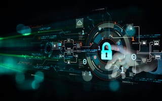 A digital interface with a person's hand interacting with a holographic lock icon.
