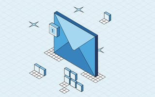 Isometric illustration of a blue envelope with a notification badge showing "1."