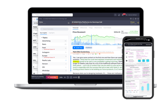 Laptop and smartphone display financial analytics software.