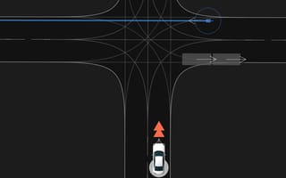 Illustration of a car at an intersection, with curved trajectory lines and a red arrow indicating forward movement. Blue line and circle on the right side.