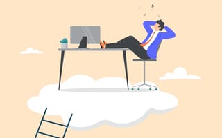 Illustration of a businessman sitting with his feet propped up on a desk, which is sitting atop a floating cloud
