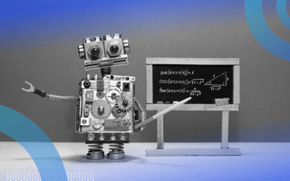 A robot points to a chalkboard with math equations on it